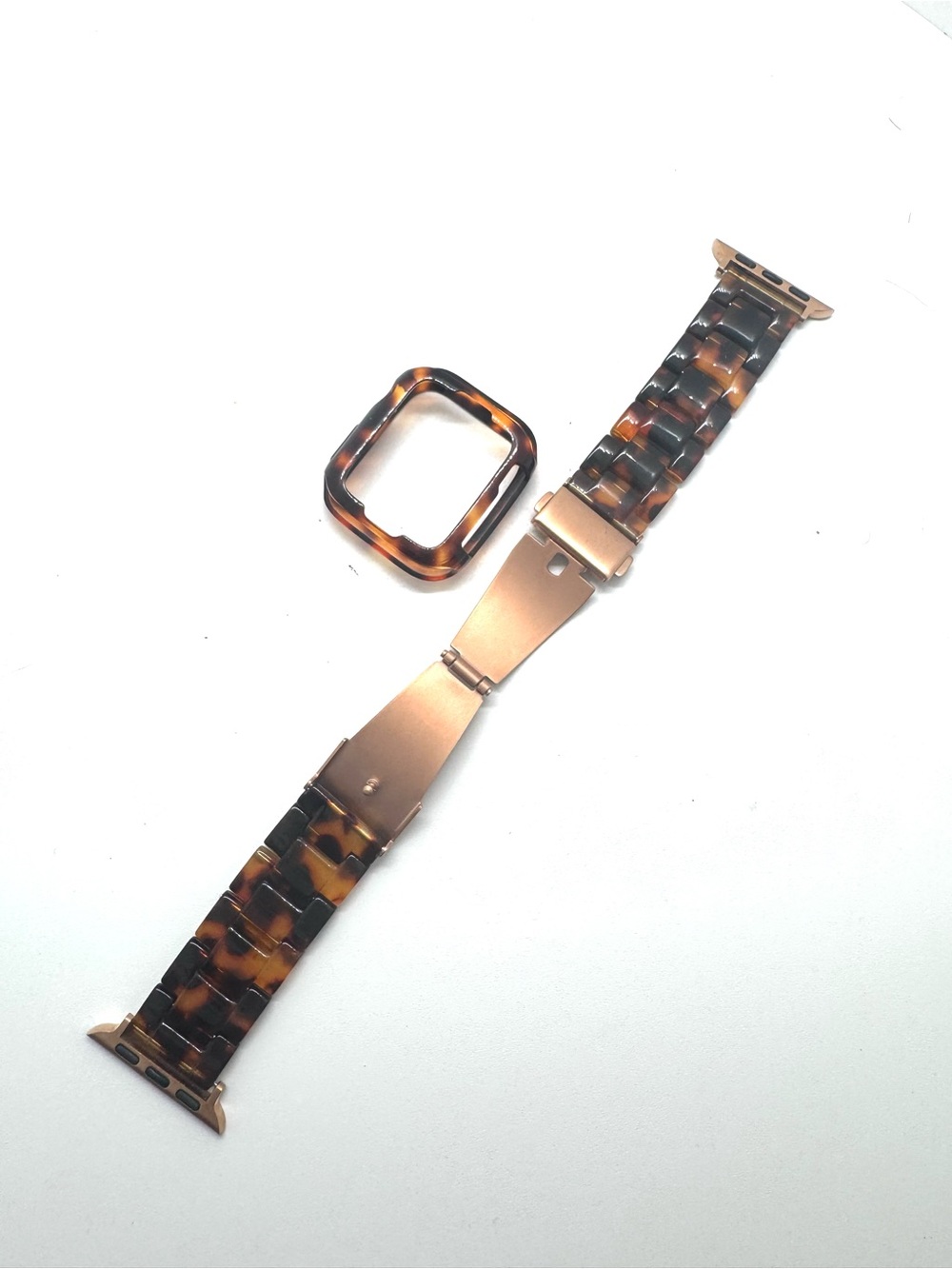 Tortoiseshell Acrylic Apple Watch Band with Matching Case - Brown & Rose Gold 41
